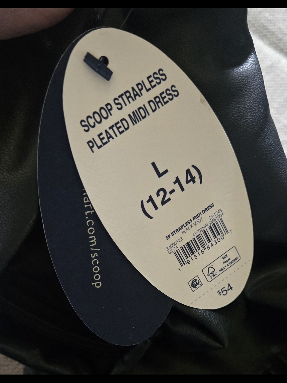 Scoop NWT Strapless Black Pleated Faux-Leather Midi Dress Size L - Picture 3 of 6